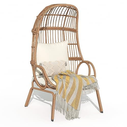 YITAHOME Outdoor Narrow Egg Chair Wicker, Patio Rattan Basket Chair with 370lbs Capacity Indoor Egg Chairs with Stand & Cushion Cocoon Chair for Bedroom, Patio, Balcony - Beige - Image 1