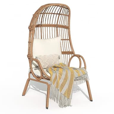 YITAHOME Outdoor Narrow Egg Chair Wicker, Patio Rattan Basket Chair with 370lbs Capacity Indoor Egg Chairs with Stand & Cushion Cocoon Chair for Bedroom, Patio, Balcony - Beige - Image 1