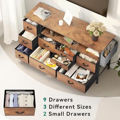 YITAHOME Dresser TV Stand with Power Outlet for 55'' TV, 9 Drawer Dresser for Bedroom, Media TV Console Table with Side Pockets & Hooks, Fabric Dresser Chest of Drawers for Bedroom, Living Room - Image 5