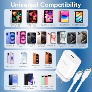 iPhone 17 16 15 Charger Fast Charging 10FT Cable, 30W USB C Charger Block for i Phone 15 16 16e 17 Air Plus Pro Max/iPad Pro/AirPods, PD USBC Power Adapter Wall Plug & Type C to C Cord, 2 Pack - Image 5