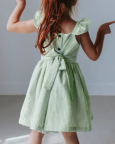 Saodimallsu Girls Sundress Striped Sleeveless Summer Dress Lined for Kids Spring Outfits Ruffle Sleeve Green 7-8 Years - Image 3
