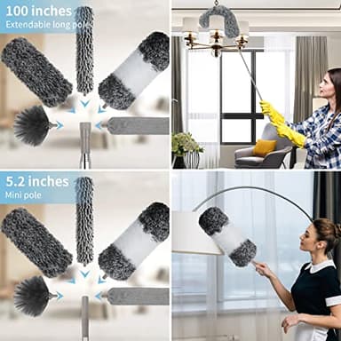 Microfiber Feather Duster with Extension Pole 30 to 100 inches, Reusable,Bendable, Washable Dusters for Cleaning Ceiling Fan, High Ceiling, Blinds, Furniture & Cars, 12PCS - Image 3