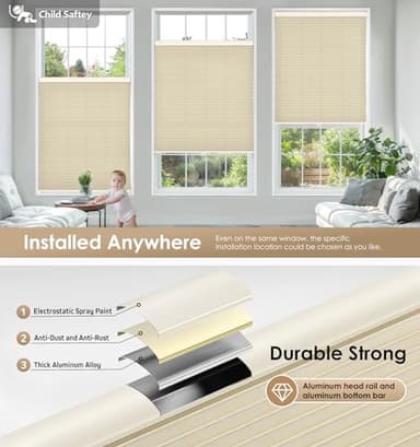 LazBlinds No Tools No Drill Cordless Cellular Shades, Light Filtering Honeycomb Shades for Home, Thermal Insulation Blinds for Windows, 46" W x 64" H, Beige - Image 3