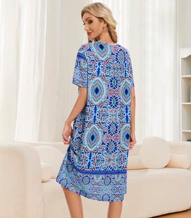 House Dresses for Women Floral Print Nightgowns Short Sleeve Lounge Moo Moo Dresses Sleepwears with Pockets - Image 2