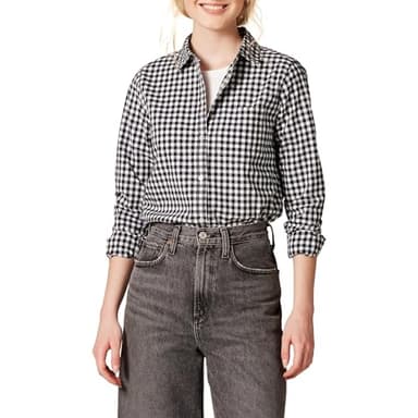 Amazon Essentials Women's Regular-Fit Long-Sleeve Button-Down Poplin Shirt, Black White Gingham, Large - Image 1