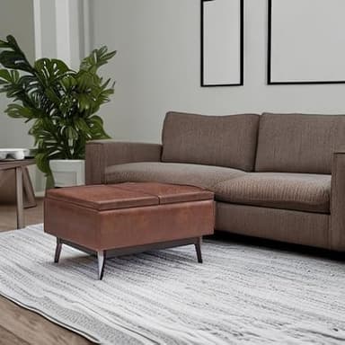 SIMPLIHOME Owen 34 inch Wide Mid Century Modern Rectangle Tray Top Small Coffee Table Storage Ottoman in Distressed Saddle Brown Vegan Faux Leather, Assembled, For the Living Room and Entryway - Image 6