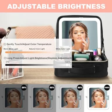 Mocado Travel Makeup Bag with LED Lighted Mirror,Travel Makeup Organizer,Makeup Case with 3 Color Lighted Setting and 10x Magnifying Mirror,Portable Storage and Adjustable Dividers Makeup Box(Black) - Image 4