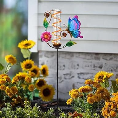 BAYN 36.3” Rain Gauge Outdoor Solar Powered 10 LEDs 7” Tube Garden Butterfly Metal Decorative Stake with Waterproof Large Glass Tube Rain Guage for Yard, Garden, Patio, Lawn - Image 7