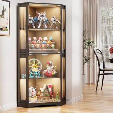 BROTTAR Corner Display Cabinet with Glass Doors, 65" Lighted Curio Cabinet with 3 Color LED Lights for Collectibles, 4-Tier Showcase Display Case with Human Body Sensor for Toys, Books, Black - Image 8