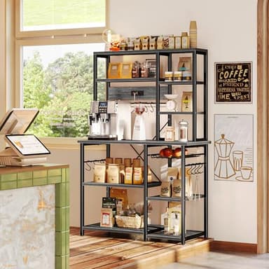 SUPERJARE Large Bakers Rack with Power Outlets, 6-Tier Microwave Stand, Coffee Bar with 12 S-Shaped Hooks, Kitchen Shelf with Wire Basket, 39.3 x 15.5 x 66.9 Inches, Charcoal Gray - Image 8