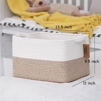 COMFY-HOMI Cotton Rope Woven Basket with Handles for Shelves,Toys,Book, Cloth Storage Baskets for Organizing-13.5" x 11" x 9.5" Toy Decorative Organizer for Living Room, Bathroom (White/Brown) - Image 3