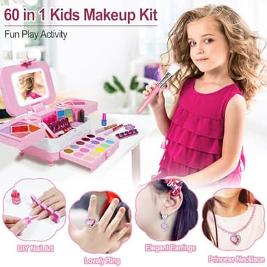 YasinKidz 60 in 1 Kids Makeup Kit, with 3-Color Led Makeup Mirror Real Washable Kids Makeup Sets for Girls 5-8, Perfect Girl Birthday Gift, Age 3+ - Image 4