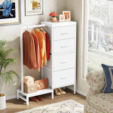 HIGDBFE Dresser with Hanging Rack, 4 Drawers Small Closet for Bedroom, Reversible Fabric Chest of Drawers with Clothes Rack, Tall Storage Tower, Sturdy Frame, White, 44''H - Image 9