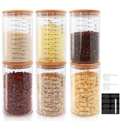 Datttcc 33 oz Glass Food Storage Containers with Bamboo Lids, Glass Canisters with Airtight Lids for Kitchen and Storage, Glass jars for Sugar,Pasta, Flour,Coffee Bean,6 Pack - Image 1