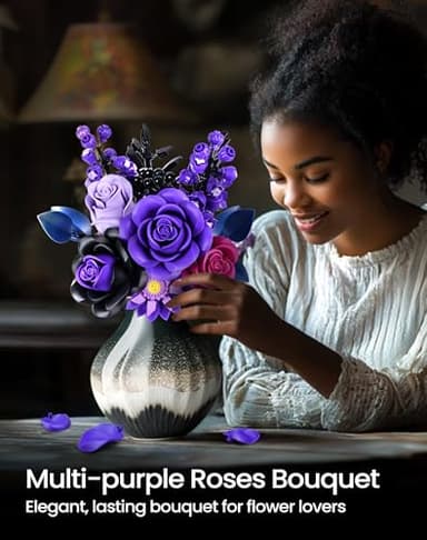 iATOM Purple Rose Bouquet Building Set, Compatible with Lego Flowers for Adults - Halloween Botanical Collection - Gothic Artificial Flowers Home Decor - IA11004 - Image 2