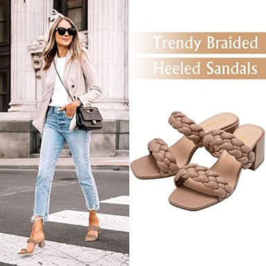 Athlefit Women's Braided Heeled Sandals Strappy Square Open Toe Heels Backless Mules Slip On Block Heels Nude Size 7.5 - Image 2