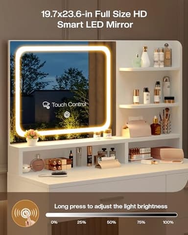 LIVELYGLOW Makeup Vanity Desk Set, 35.4“Wx15.7”Dx53.9“H, White (Smart LED Mirror, with Cushion Stool, Hairdryer Rack, Power-Outlet, 4 Drawers, Open Shelves) - Image 7
