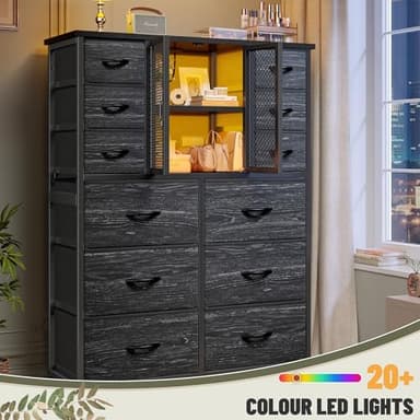 Dresser for Bedroom with 12 Drawers, Charging Station & LED Light & Mesh Door, Large Chests of Drawers for Hallway, Living Room, Entryway, Wooden Top, Metal Frame, Black, 50.6" H x 37.8" W x 11.8" D - Image 5