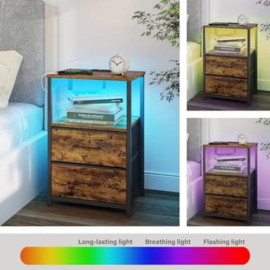 TUTOTAK LED End Table with Charging Station, Nightstand with Cloth Drawer, Side Table with 1 USB Port and 1 Type-C Port, Set of 2, Couch Table, Brown TB01BB052L - Image 6