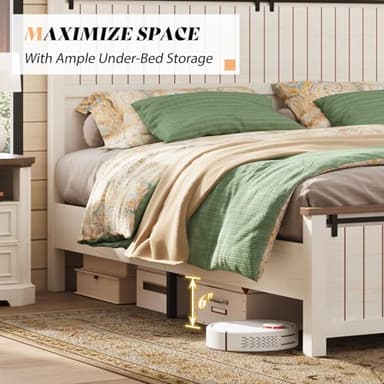 AMERLIFE Farmhouse Full Size Bed Frame with Sliding Barn Door, Wooden Rustic Platform Bed Frame with 47" Tall Headboard, Noise-Free, Solid Wood Slats & Metal Support, No Box Spring Needed, White - Image 4