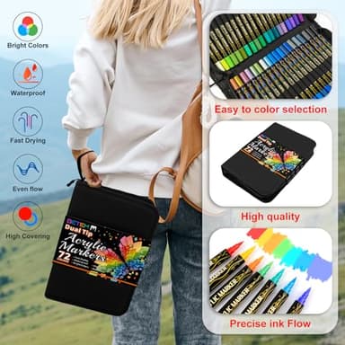 Betem Paint Markers Acrylic Paint Pens, Dual Tip 72 Colors Acrylic Markers with Brush Tip and Fine Point, Art Supplies for Wood, Canvas, Stone, Glass, Rock Painting Kit DIY Crafts Drawing Kit with Bag - Image 4