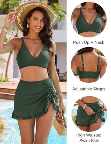 Blooming Jelly Women's High Waisted Bikini Sets Tummy Control Swim Skirt Two Piece Swim Suit 2025 Retro Swimsuit(Army Green,Medium) - Image 2