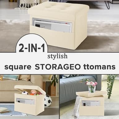 LINMAGCO Storage Ottoman Folding Foot Stool Foot Rest with Side Pocket Modern Ottoman with Storage Short Sofa Stool Linen Cloth 17x13x13(Beige) - Image 7