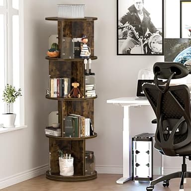 VECELO Rotating Bookshelf Tower, 360°Revolving Bookcase, Modern Tall Book Shelf Storage Display Rack Floor Standing, 4 Tier Storage Rack for Kids&Adults Solid Wood, Brown - Image 2