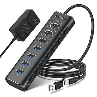 Powered USB Hub, Rosonway 7-Port USB 3.2/USB C Hub with 10Gbps USB-A 3.2, 2 USB-C 3.2, 4 USB 3.0 Ports, Individual Switches and 12V Power Adapter, Aluminum USB Port Expander for Laptop/PC, RSH-A107C - Image 1