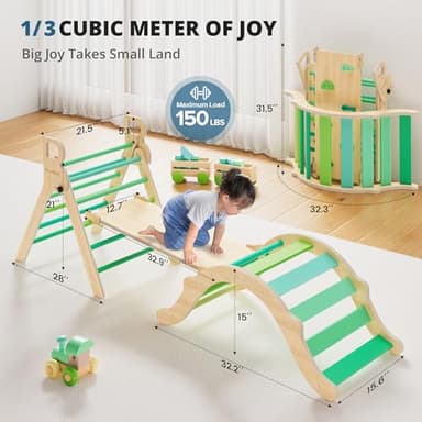 BlueWood Pikler Triangle Set, Toddler Wooden Climbing Toys Indoor 7in1 Foldable Climber for Kids, Montessori Philosophy Play Jungle Gym with Arch, Ramp, Ladder (Green Summer) - Image 2