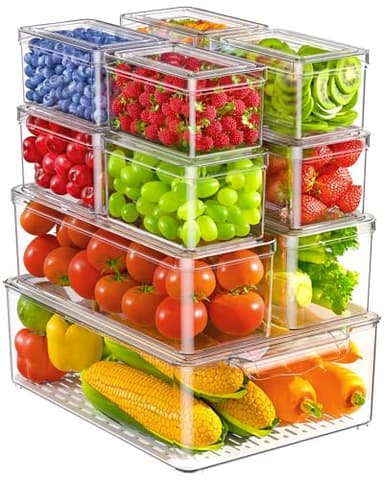 KEMETHY 11 Pack Refrigerator Organizers and Storage, Stackable Fridge Organizer Bins, BPA-Free Clear Plastic Fruit Storage Containers for Fridge, Kitchen, Fruits, Drinks, Produce, Vegetable - Image 1
