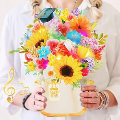 MZD8391 3D Pop Up Graduation Card with Music & Lights - Sunflower, Daisy, Cap Bouquet – Envelope Included – 2025 Graduation Gift & Decoration - Image 1