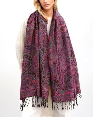 Achillea Soft Silky Reversible Paisley Pashmina Shawl Wrap Scarf w/Fringes (Tapestry Fuchsia) - Image 2