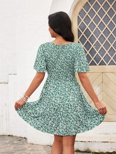 UEAL Womens Sundresses V Neck Green Floral Short Spring Summer Dresses for Women 2025 Small Green Floral - Image 5