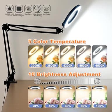 15X Magnifying Glass with Light and Clamp, Lighted Magnifying Glass Desk Lamp LED Magnifier Lamp with Light and Clamp 5 Color Mode 10 Brightness Dimmable Magnifier Lamp for Reading Close Work Craft - Image 3
