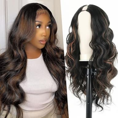 Mayouda Long V Part Body Wavy Wig With Black With Highlight Brown Upgrade U Part Synthetic Water Wavy Wigs for Black Women Full Head Clip In Hair Glueless Synthetic Wigs (Black Mix Brown) - Image 1