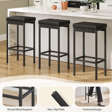 HOOBRO Bar Stools, Set of 3 Modern Black Rectangular Bar Chairs, 24.8-Inch Height, 2" Thick Upholstered Seat with High-Density Sponge, for Kitchen, Dining Room, Cafe, Bar Counter - Image 4
