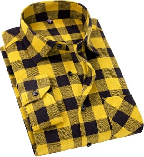 Cromoncent Men's Casual Plaid Flannel Long Sleeve Button Down Shirt,Yellow Black,Large - Image 1