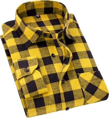 Cromoncent Men's Casual Plaid Flannel Long Sleeve Button Down Shirt,Yellow Black,Large - Image 1