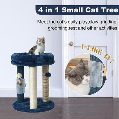 MECOOL Cat Scratching Post Tree with Tower Soft Bed.Natural Quality Sisal Carpet Jute Scratch Posts with Three Hanging Ball Toys and Massage Brush for Indoor Cats and Kittens Blue - Image 2
