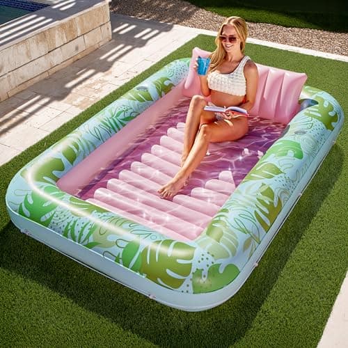 SLOOSH Inflatable Tanning Pool Lounger Float, 85" x 57" Extra Large Pool Floats Adult with Pillow, 4 in 1 Suntan Tub Raft Floatie,Sunbathing Bed Lounge for Water Blow Up Ball Pit, XL-Cyan Pink - Image 1