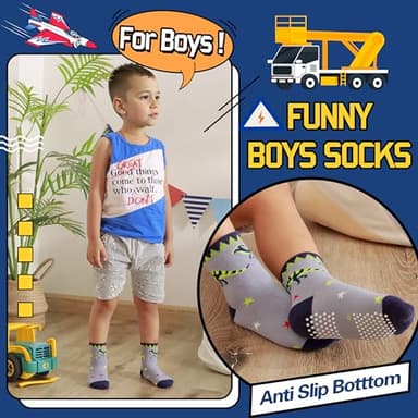 Welwoos Baby Boys Grips Socks Kids Toddlers Infants Non Slip Anti Skid Funny Animal Cartoon Gift Cotton Socks with Grippers 12 Pairs Stocking Stuffers (Dinosaur,3-5 Y) - Image 4