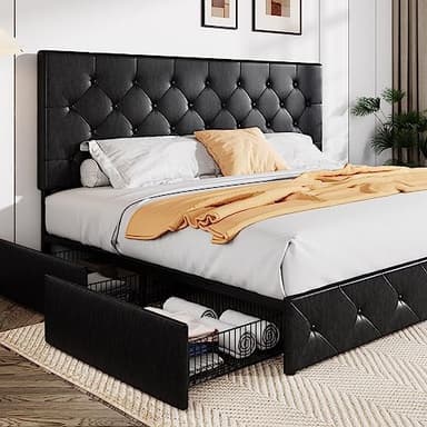 Allewie King Size Black Metal Faux Leather Platform Bed Frame with 4 Drawers - Image 1