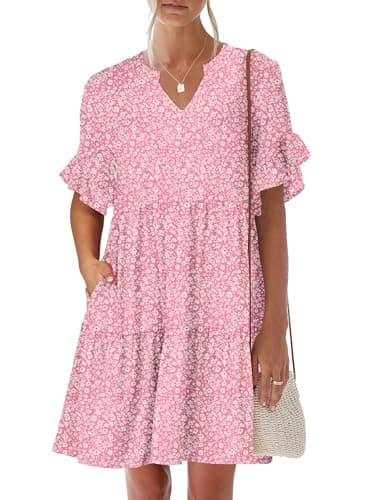 ANRABESS Womens Summer 2025 Trendy Ruffle Short Sleeve V Neck A Line Tiered Flowy Loose Casual Mini Beach Dress with Pockets Pink Floral XX-Large - Image 1