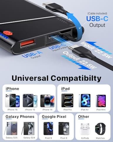 Aaoyun Portable Charger Power Bank, 10000mAh 22.5W PD Super Fast Charging Powerbank with Built-in USB C in&Out Cable, Slim External Phone Battery Pack for iPhone 17/16/15 iPad Samsung S24 Android etc - Image 6