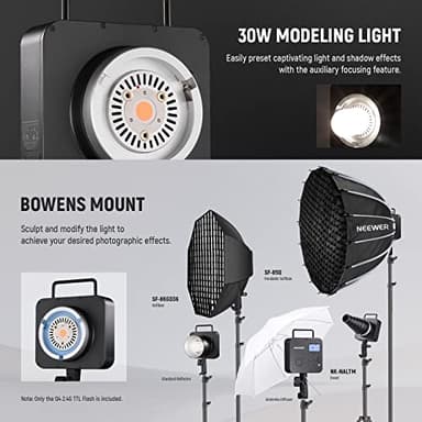 NEEWER Q4 400Ws 2.4G TTL Outdoor Studio Flash Strobe (New Look),1/8000 HSS 2800mAh Battery Powered Photography Monolight Speedlite 30W Modeling Lamp/400 Full Power Flash/0.01-1.2s Recycle/Bowens Mount - Image 9