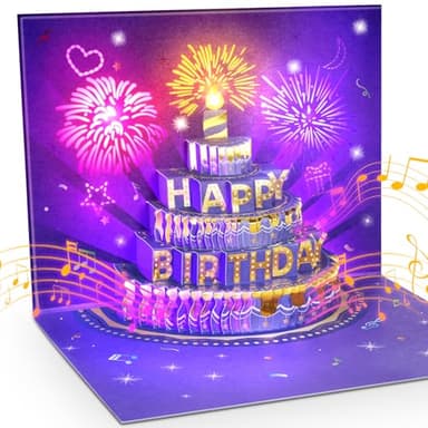 FITMITE Birthday Cards Birthday Gifts for Women Fireworks Pop Up Cake Light and Music Happy Birthday Card Purple Gold - Image 1