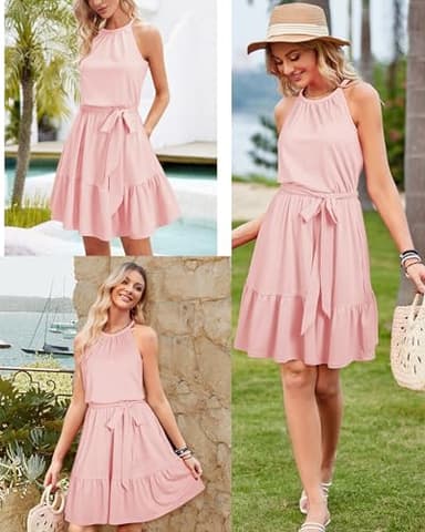 Newshows Women's 2025 Summer Dress Halter Casual Beach Vacation Outfits Hawaiian Dresses Ruffle Belted Sundress with Pockets(Pink, S) - Image 2