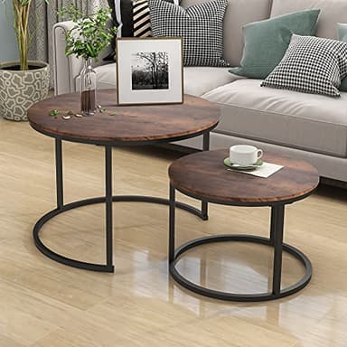 HOJINLINERO Industrial Round Coffee Table Set of 2 End Table for Living Room,Stacking Side Tables, Sturdy and Easy Assembly,Wood Look Accent Furniture with Metal Frame,Black+Rustic Brown - Image 1