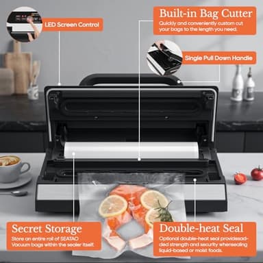 Upgraded Vacuum Sealer for Liquid, SEATAO 90Kpa Vacuum Sealer Machine for Dry/Moist/Liquid Food, Easy-Lock Handle, Double Heat Seal, Built-in Cutter and Bag Storage & Removable Drip Tray - Image 5